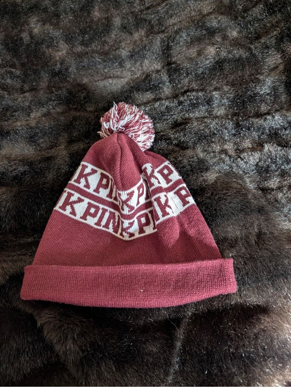 Victorias Secret PINK Beanie Hat Maroon Burgundy Knit Pom Pom Cuffed Womens
